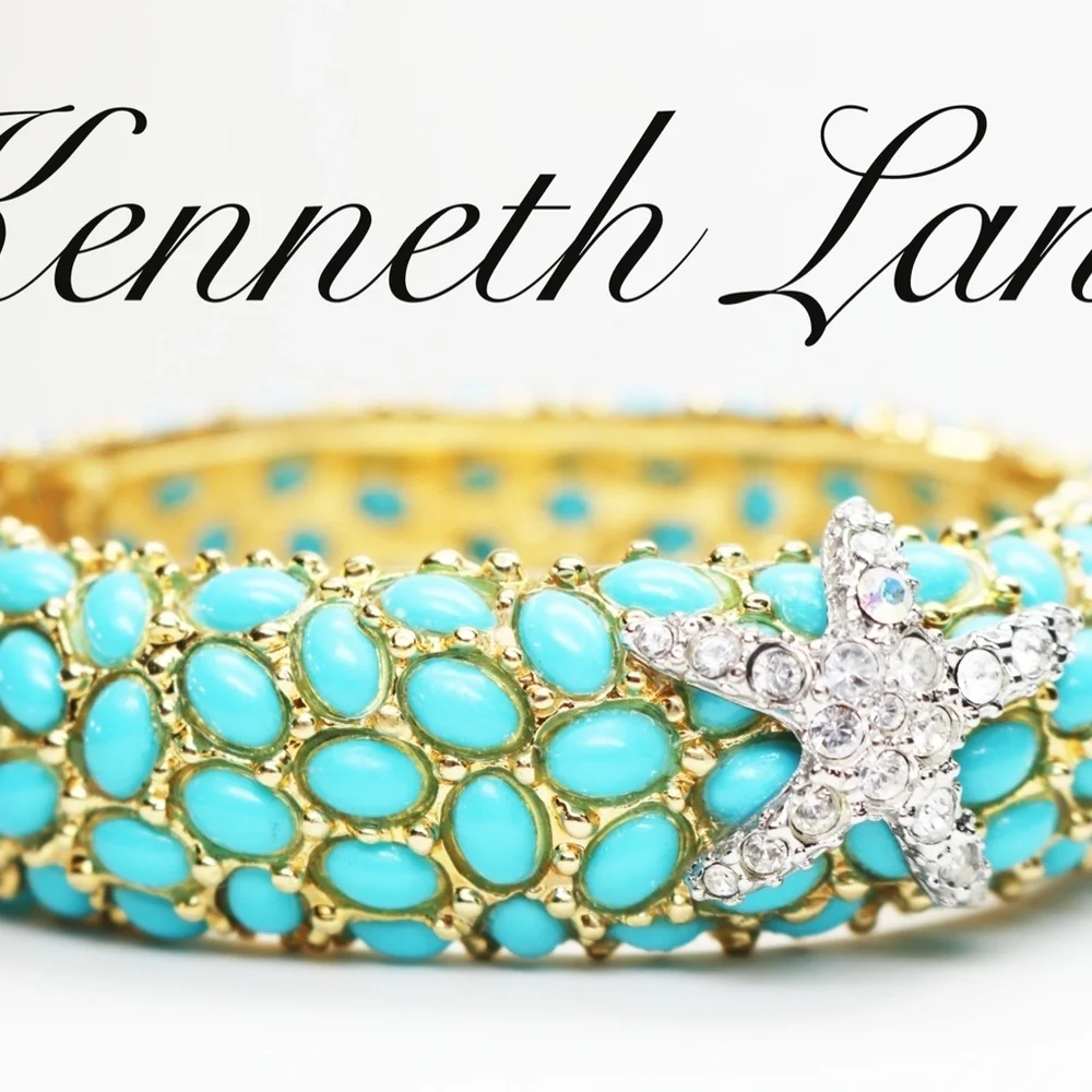 ⚜️ Vintage Kenneth Jay Lane Crystal Starfish Turquoise Cabochon Bracelet - Picture 6 of 16